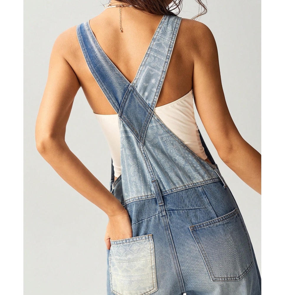 Boho Medium Wash Paisley print Button Wide Leg Denim Bib Overalls - Picture 4 of 7